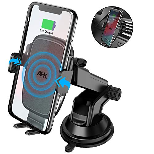 Product Cover AHK Wireless Car Charger Mount,Auto-Clamping Qi 10W/7.5W Fast Charging 5W Car Mount, Windshield Dashboard Air Vent Phone Holder Compatible with iPhone Xs Max XR 8 Plus, Samsung S10 S9 S8 (Black)