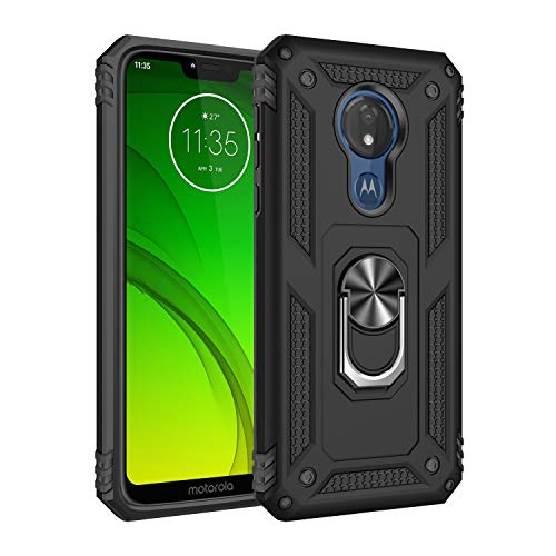 Product Cover Motorola G7 Power Case Cover,Moto G7 Supra Case,Tough Heavy Protective 360 Metal Rotating Ring Kickstand Holder Grip Built-in Magnetic Metal Plate Armor Heavy Duty Shockproof (B-Black)