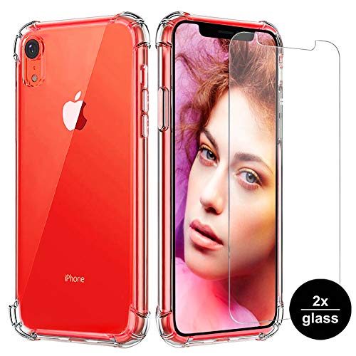 Product Cover Henpone for iPhone XR Cases and 2-Pack Tempered Glass Screen Protector, Crystal Clear Transparent Full Soft TPU Cover Shockproof Bumpers Slim Fit Protective Case for iPhone XR - Clear