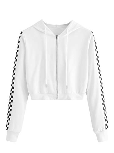 Product Cover MAKEMECHIC Women's Casual Drawstring Zip Up Hooded Plaid Long Sleeve Crop Top Sweatshirt