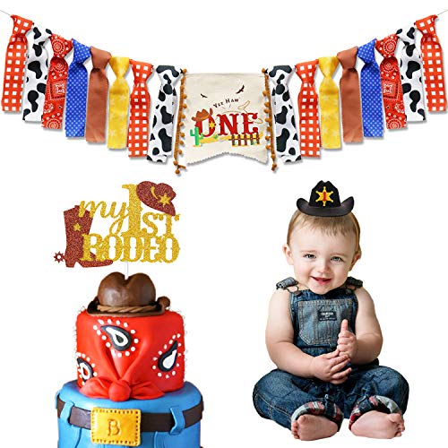 Product Cover Cowboy First Birthday Party Decorations Wild West Cowboy Highchair Banner My 1st Rodeo Cake Topper Cowboy Birthday Hat for Western Themed Cowboy Cowgirl Baby Birthday Party Supplies
