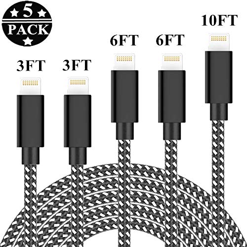 Product Cover ROSYCLO Phone Charger Cable MFi Certified Phone Data Line Wire 5Pack 3FT/6FT/10FT Long Nylon Braided Fast USB Charger Phone Charging Cord Compatible iPhone XS/MAX/XR/X/8/7/6/5/iPad/iPod(Black&White)