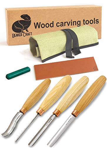 Product Cover BeaverCraft, Wood Carving Chisel Set SC01 - Gouge Wood Carving Tools Kit in Rolling Pouch with Leather Strop Polishing Compound Kit - Radial Gouges Flat Chisel Bent Gouge (Chisel Set)