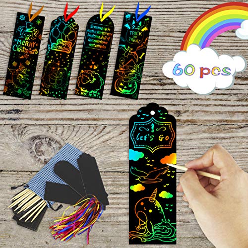 Product Cover KOMIWOO Scratch Rainbow-Bookmarks 60 Pcs, Magic Scratch Paper Art Bookmarks DIY Gift Tags with Satin Ribbons, Wood Stylus, Rope, Storage Bag for Kids Party and Arts & Craft Activity