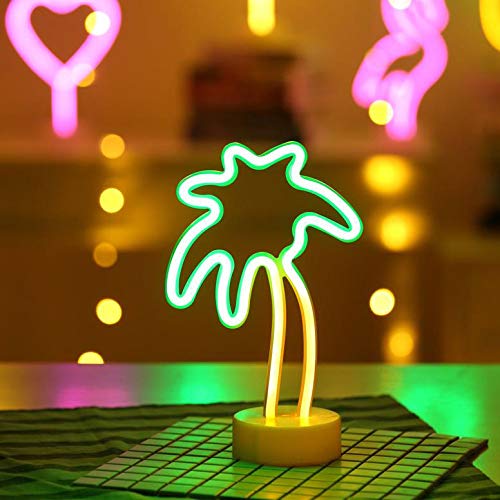 Product Cover Battife Neon Signs LED Light with Holder Base USB or Battery Operated Table Night Lamp for Bedroom,Home Party Decorations Gifts - Palm Tree,Yellow and Green