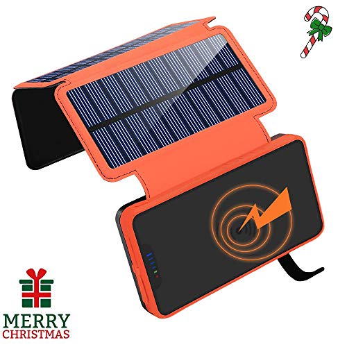 Product Cover Solar Charger 20000mAh, Wireless Power Bank with 3 Solar Panels and 2.1A Dual USB Ports External Battery Pack Portable Solar Battery Charger for Outdoors for iOS Android Tablet Smartphones
