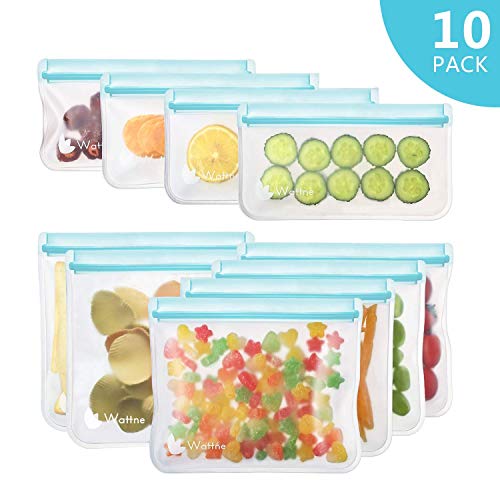 Product Cover Wattne [10 Pack] Reusable Sandwich & Snacks Bags, Reusable Ziplock Storage Bags Freezer Safe, Extra Thick PEVA Material BPA/Plastic Free Bags for Lunch, Snacks, Toiletries, Make-up,Blue