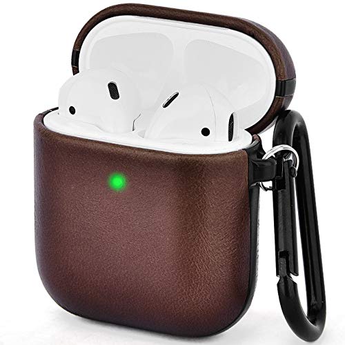 Product Cover V-MORO Compatible with Airpods Case Genuine Leather Cover for Airpods 2/1 [Front LED Visible] Protective Skin Dark Brown