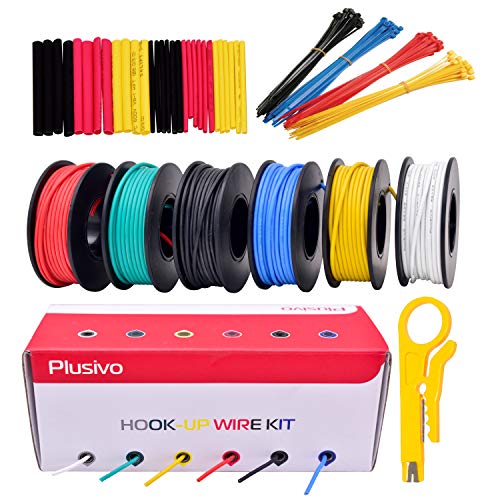 Product Cover 22GA Hook up Wire Kit - 22AWG Silicone Wire - 600V Tinned Stranded Electrical Wire of 6 Different Colors x 23 ft each - Black, Red, Yellow, Green, Blue, White - Wire Assortment Kit from Plusivo