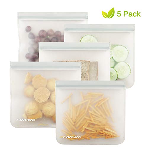 Product Cover Reusable Sandwich Bags, FIREOR 5 Pack Ziplock Snack Bag Eco-friendly PEVA Freezer Bag, Extra Thick Extra Large BPA FREE, Perfect for Food Storage, Lunch, Make-up, Travel and Home Organization