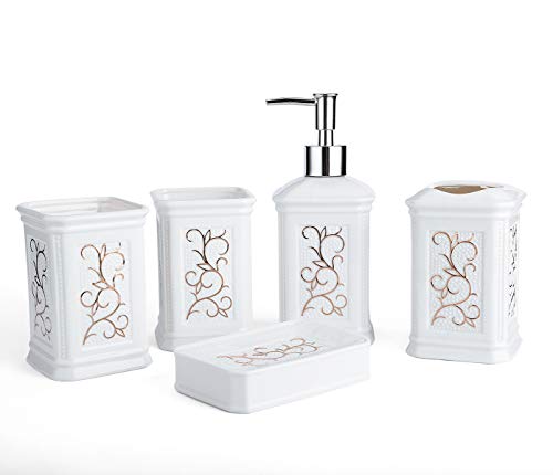 Product Cover Longhang 5-Piece White Porcelain Ceramic Bathroom Accessories Set, Bath Decor Includes Liquid Soap or Lotion Dispenser Pump, Toothbrush Holder, Tumbler and Soap Dish, Ideas Home Gift