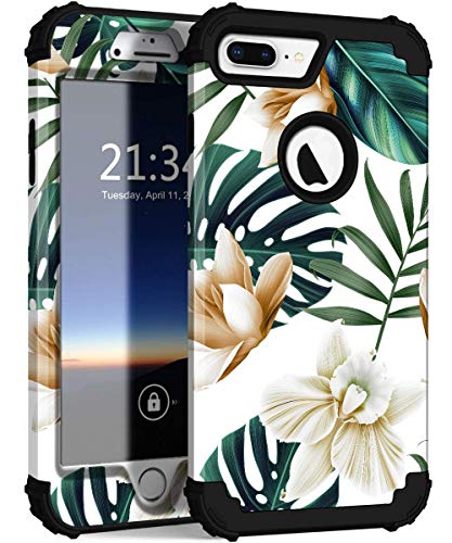Product Cover PIXIU iPhone 8 Plus Case, iPhone 7 Plus case Three Layer Heavy Duty Hybrid Sturdy Armor Shockproof Protective Phone Cover Cases for Apple iPhone 8 Plus/7 Plus(Tropical Flower)