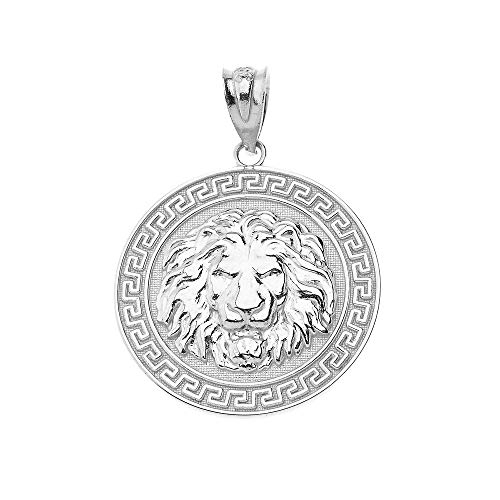 Product Cover 925 Sterling Silver Greek Key Lion Face Medallion Wild Cat Charm Pendant Jewelry