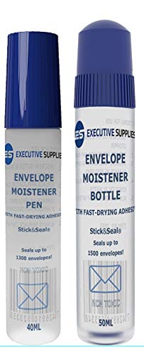 Product Cover Envelope Moistener Dab and Seal Fast Drying Adhesive (2 Pack)- 1x50ml Bottles & 1x40ml Pen Style -Dab and Seal,Transparent, Squeezable Sealer-Ideal for envelopes,Stamps,Letters. by Executive Supplies