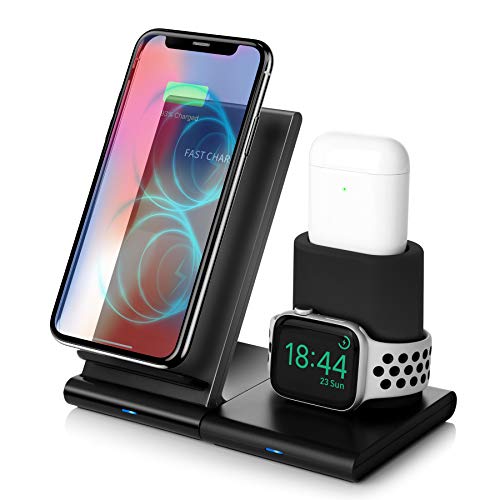 Product Cover Wireless Charger,3 in 1 Qi-Certified 7.5W Fast Wireless Charging Stand Compatible iPhone 11/11 Pro/11 Pro Max/XS Max/XS/XR/X/8/8+,Charging Dock Organizer Compatible Apple Watch,AirPods-No AC Adapter