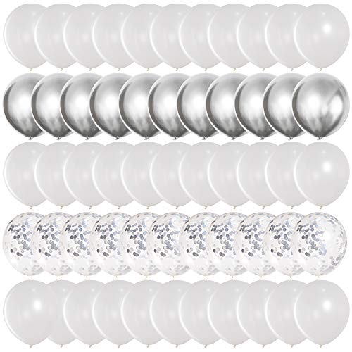 Product Cover JOJO FLY 50 Pcs 12 Inch Silver and White Balloons Set, Silver Confetti Balloons Chrome Shiny Metallic Latex Balloons for Birthday Party Decoration Bridal Baby Shower Wedding Balloons Garland Arch