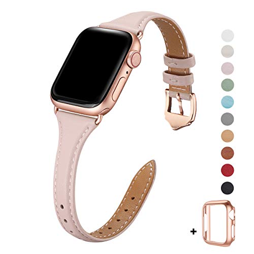 Product Cover WFEAGL Leather Bands Compatible with Apple Watch 38mm 40mm 42mm 44mm, Top Grain Leather Band Slim & Thin Wristband for iWatch Series 5 & Series 4/3/2/1(Pink Sand Band+Rose Gold Adapter, 38mm 40mm)
