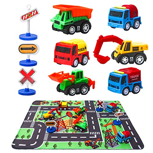 Product Cover Construction Vehicle Toys with Play Mat, 6 Construction Trucks, 3 Road Signs, 14