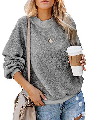 Product Cover Dokotoo Womens Solid Color Casual Fleece Fluffy Crewneck Long Sleeve Fashion Sweatshirts Tops Pullovers