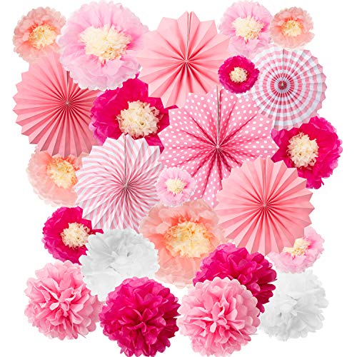 Product Cover 24 Pieces Party Hanging Set, Including 12 Tissue Paper Flowers Decorations, 6 Pink Paper Fans Garlands Decoration, 6 Paper Poms Ball Decoration Flowers Craft Kit for Birthday Baby Shower Festival