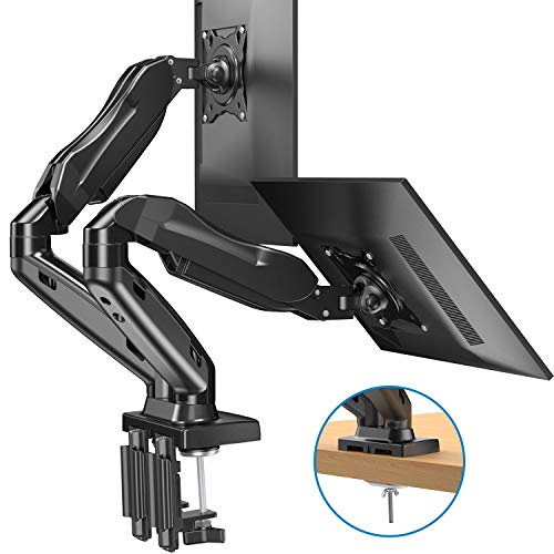 Product Cover HUANUO Dual Monitor Stand - Adjustable Gas Spring Monitor Desk Mount VESA Bracket with C Clamp, Grommet Mounting Base for 13 to 27 Inch Computer Screens - Each Arm Holds 4.4 to 14.3lbs