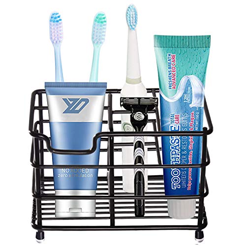 Product Cover HYRIXDIRECT Toothbrush Holder Black Plating Stainless Steel Rustproof Bathroom Electric Toothbrush Holder Toothpaste Storage Organizer Multi-Functional 6 Slots Stand for Vanity,Countertops (Black-01)
