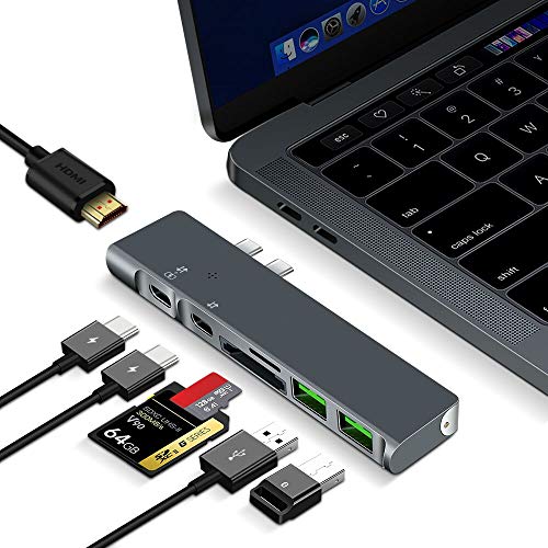 Product Cover Hulsin USB C Hub Adapter Dongle for MacBook Air 2019/2018, MacBook Pro 2019/2018-2016, Type C Hub, 7-in-1: Thunderbolt 3, 4K HDMI, USB 3.0, TF/SD Card Reader(Updating Version)