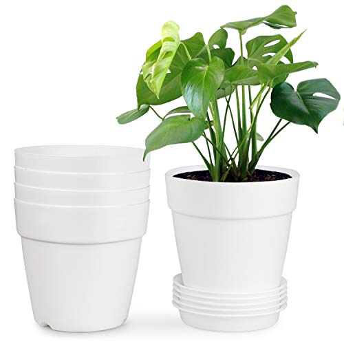Product Cover HOMENOTE 6.9 Inch Plastic Planters Indoor Set of 5 Flower Plant Pots with Drainage Pallet Modern Decorative Gardening for House Plants,Flowers,Succulents Cream White