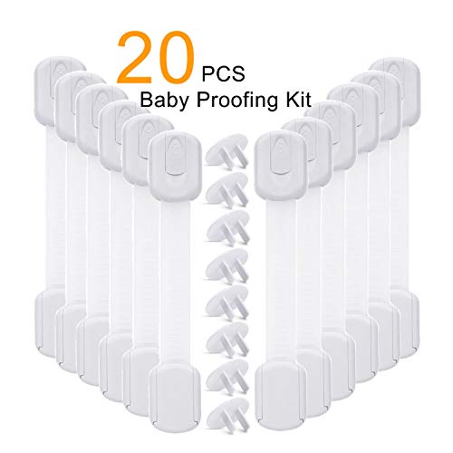 Product Cover Baby Proofing Cabinet Strap Locks - Vkania 20 Pcs Kids Proof Kit - Child Safety Drawer Cupboard Oven Refrigerator Adhesive Locks - Adjustable Toilets Seat Fridge Latches - No Drilling