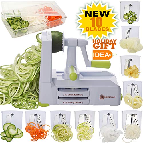 Product Cover Brieftons 10-Blade Spiralizer: Strongest-and-Heaviest Vegetable Spiral Slicer, Best Veggie Pasta Spaghetti Maker for Low Carb/Paleo/Gluten-Free, With Blade Caddy, Container, Lid & 4 Recipe Ebooks