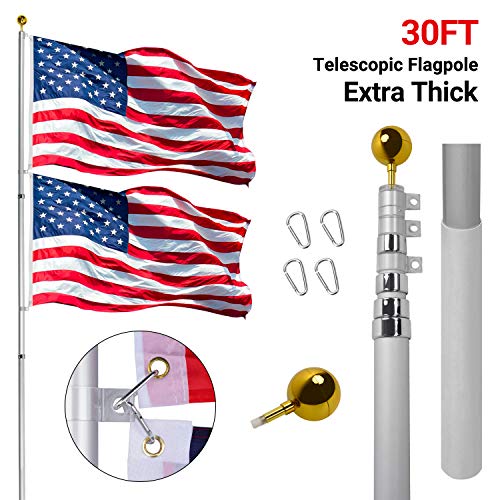 Product Cover Gientan 30FT Telescopic Flag Pole, Extra Thick Heavy Duty Aluminum Flagpole Kit with 3x5 US Flag Golden Ball Top for Commercial Residential Outdoor Use, Fly 2 Flags