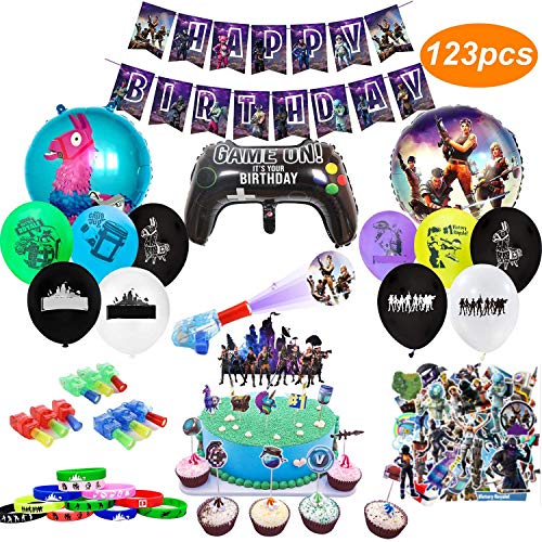 Product Cover Birthday Party Supplies for Game Fans, 123pcs Gaming Theme Party Decorations - Include Balloons, Banner,Bracelets,Finger Lights,Stickers,Cake Toppers, Cupcake Toppers11
