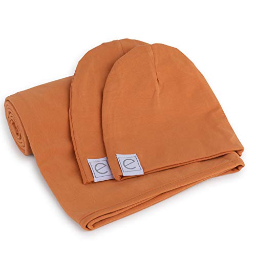 Product Cover Cotton Knit Jersey Swaddle Blanket and 2 Beanie Gift Set, Large Receiving Blanket - Butterscotch
