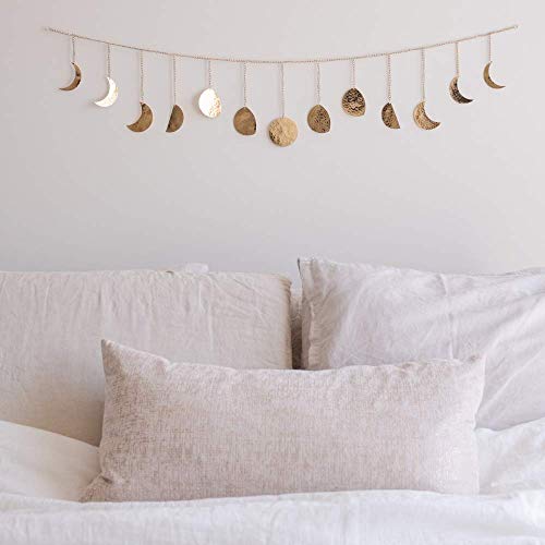 Product Cover Moon Decor Wall Decorations | Boho Accents Wall Decor | Moon Phases Wall Art | Moon Phase Wall Hanging | Bohemian Decor for Bedroom, Home, Living Room Apartment or Christmas (Long Garland, Gold Metal)