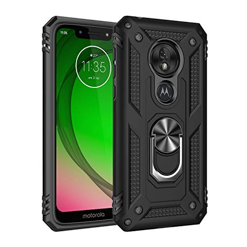 Product Cover Motorola G7 Play Case Cover,Moto G7 Play Case,Tough Heavy Protective 360 Metal Rotating Ring Kickstand Holder Grip Built-in Magnetic Metal Plate Armor Heavy Duty Shockproof (B-Black)