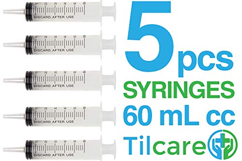 Product Cover 60ml Catheter Tip Syringe with Covers 5 Pack by Tilcare - Sterile Plastic Medicine Food Droppers for Children, Pets or Adults - Latex-Free Oral Medication Dispenser - Large Feeding Tube Syringes