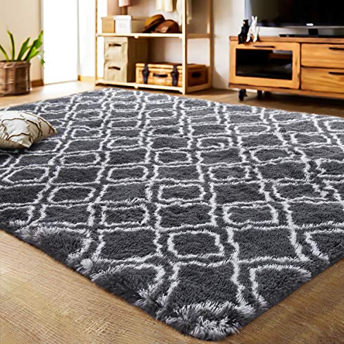 Product Cover LOCHAS Luxury Velvet Shag Area Rug Modern Indoor Plush Fluffy Rugs, Extra Soft and Comfy Carpet, Geometric Moroccan Rugs for Bedroom Living Room Girls Kids Nursery (5x8 Feet, Dark Grey/White, HS2)