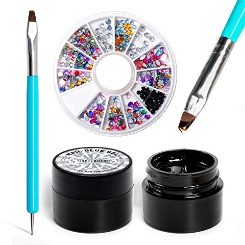 Product Cover Modelones Nail Art 5ml Nail Glue Gel 2pcs Adhesive Resin Gem Jewelry Diamond Gel Nail Polish Clear Decoration With Dual-Use Pen Tools (UV Light Cure Needed) With Gift Nail Crystal Rhinestone