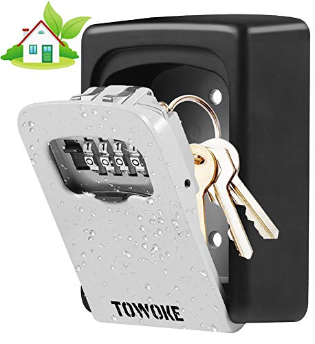 Product Cover Key Lock Box Wall Mount - TOWOKE Waterproof Combination Key Safe Box for Outside, Zinc Alloy Key Storage Box with Resettable Code for House Spare Keys, 5 Key Capacity - Mounting Kit Included