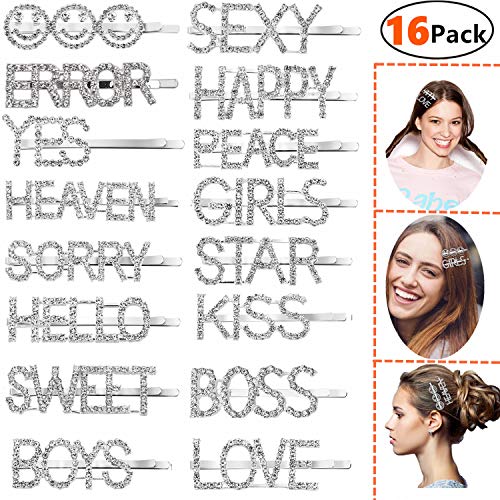 Product Cover 16 Pieces Word Hair Clips Rhinestone Word Barrettes Hair Pins for Women Girls Crystal Letter Barrette Bobby Hair Pins Headwear Decorative