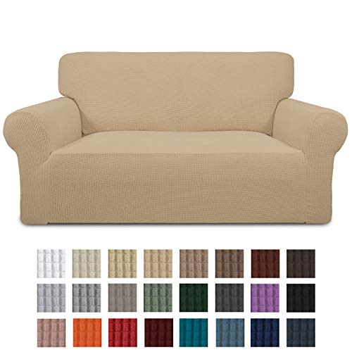 Product Cover Easy-Going Stretch Loveseat Slipcover 1-Piece Sofa Cover Furniture Protector Couch Soft with Elastic Bottom for Kids,Polyester Spandex Jacquard Fabric Small Checks(Loveseat,Sand)
