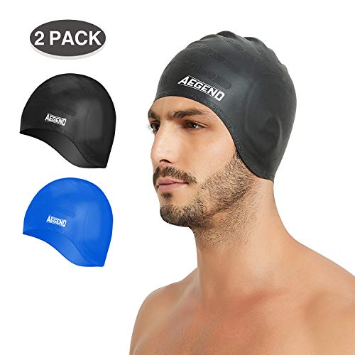 Product Cover aegend Silicone Swim Cap 2 Pack, Durable Swimming Caps with Ear Protection for Adult Men Women Youth, Comfortable Fit for Long Hair & Short Hair, Easy to Put On and Off, Black Blue