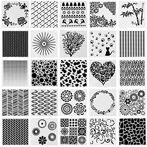 Product Cover SOTOGO 25 Pcs Mixed Pattern Hollow Out Painting Stencils Square Shape Journal Stencil Plastic Planner Stencils for Painting on Wood/Journal/Notebook/Diary/Scrapbook DIY Drawing Template Stencil