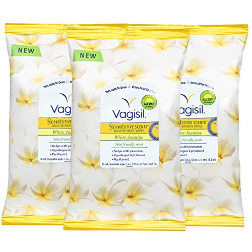 Product Cover Vagisil Scentsitive Scents Daily Feminine Vaginal Wipes, White Jasmine, 30 Wipes in Resealable Pack (Pack of 3)
