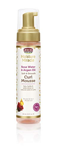 Product Cover African Pride Moisture Miracle Rose Water & Argan Oil Curl Mousse - Flexible Hold, Enhances Curls, Creates Wave Patterns, No Residue, Deep Moisture, Adds Shine, Strengthens & Protects Hair, 8.5 oz