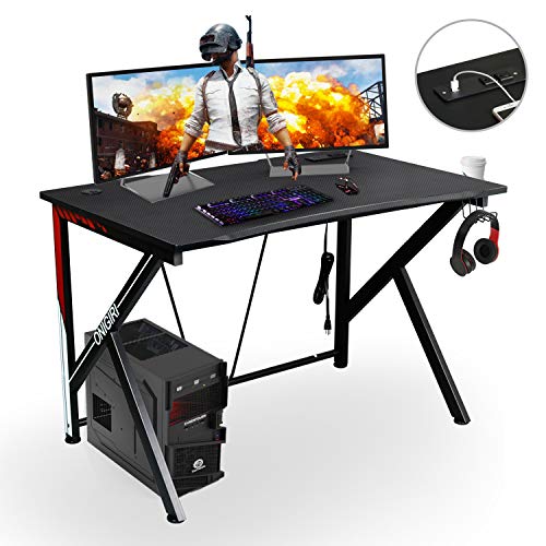 Product Cover Computer Gaming Desk with Large Carbon Fiber Surface Cup Holder & Headphone Hook for Home or Office, Gaming PC Desk Table