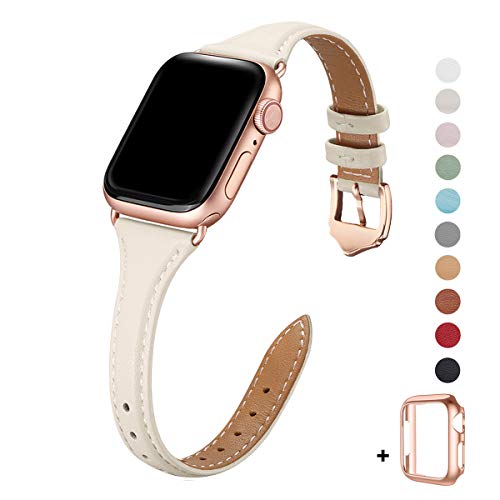 Product Cover WFEAGL Leather Bands Compatible with Apple Watch 38mm 40mm 42mm 44mm, Top Grain Leather Band Slim & Thin Wristband for iWatch Series 5 & Series 4/3/2/1 (Ivory White Band+Rose Gold Adapter, 38mm 40mm)