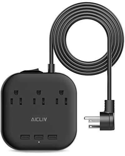 Product Cover Power Strip with USB, Aicliv Desktop Charging Station with 3 Outlet and 3 USB Ports, Flat Plug, 5ft Extension Cord, Multi Outlet Extender for Hotels, Dorm Room, Cruise Ship and Home, 1625W/13A, Black