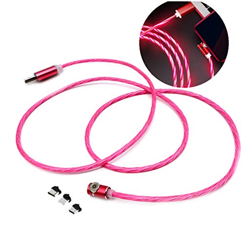 Product Cover EEkiimy 90 Degree Super Strong Magnetic 3 in 1 Charging Cable LED Flowing Multiple USB Charging Cable Micro USB/Type C/LED USB Charging Cord for All Phones XS/8 Plus Galaxy S10 (Pink)