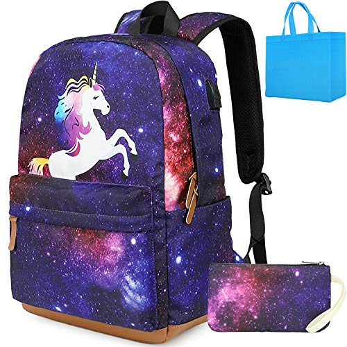 Product Cover School Backpack Unicorn Laptop Bookbag with USB Charging Port Computer Backpacks Travel Camping Daypack School Bag fit 15.6 inch Laptop (Purple)